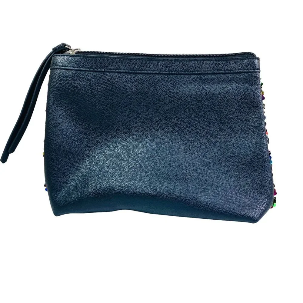 Victoria Secret Black Multicolor Sequin Faux Leather Travel Make Up Bag
